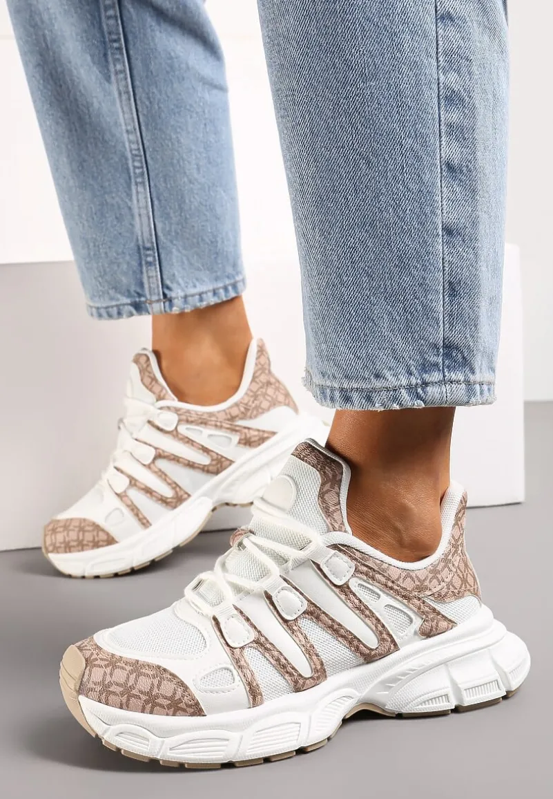 Ciemnobeżowe Sneakersy Ozdobione Tłoczeniem i Wstawkami Keladavia