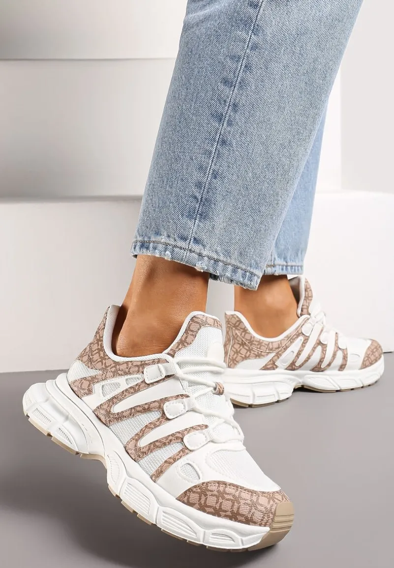 Ciemnobeżowe Sneakersy Ozdobione Tłoczeniem i Wstawkami Keladavia