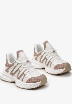 Ciemnobeżowe Sneakersy Ozdobione Tłoczeniem i Wstawkami Keladavia