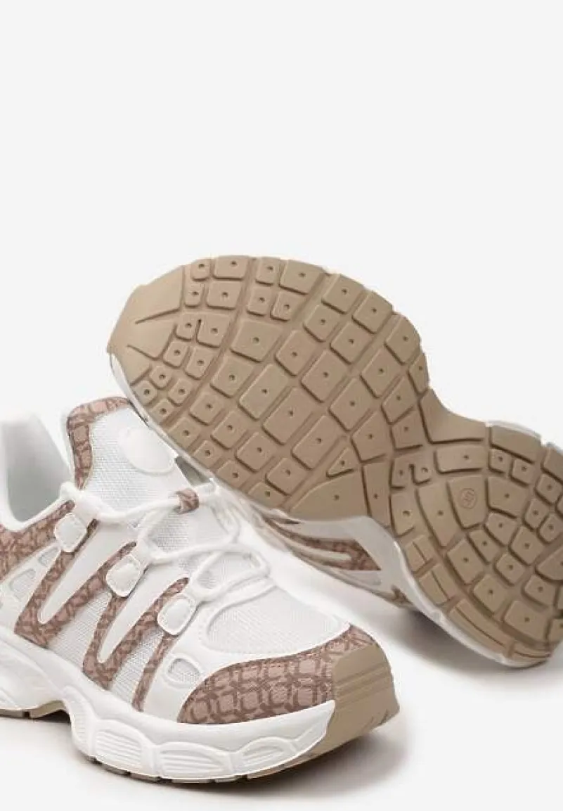 Ciemnobeżowe Sneakersy Ozdobione Tłoczeniem i Wstawkami Keladavia