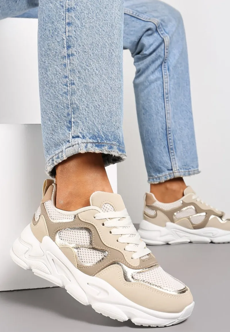 Ciemnobeżowe Sneakersy przed Kostkę na Grubej Podeszwie Lefia