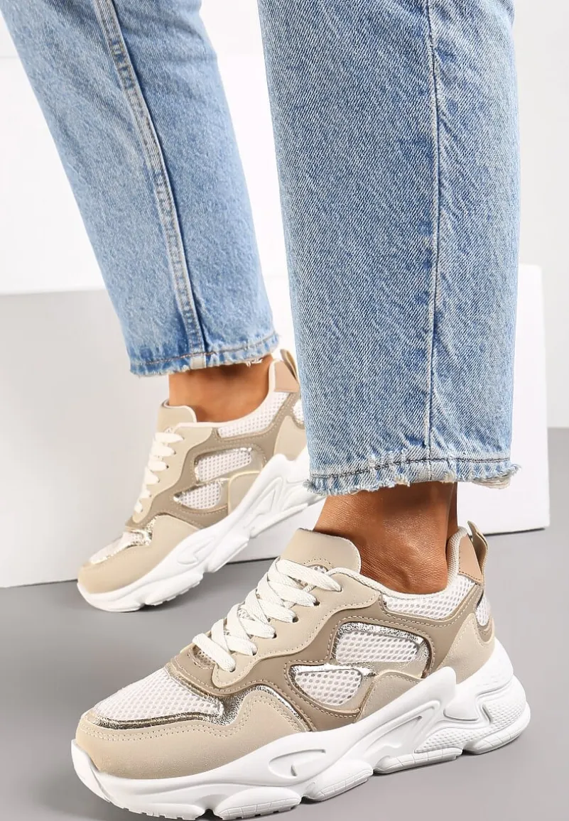 Ciemnobeżowe Sneakersy przed Kostkę na Grubej Podeszwie Lefia