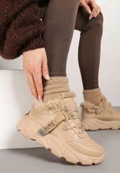 Ciemnobeżowe Sneakersy Przed Kostkę na Płaskiej Grubej Podeszwie z Ociepleniem ze Sztucznego Futerka Borrolla