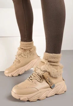 Ciemnobeżowe Sneakersy Przed Kostkę na Płaskiej Grubej Podeszwie z Ociepleniem ze Sztucznego Futerka Borrolla