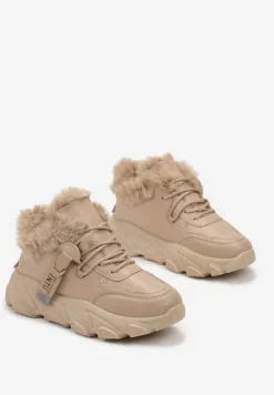 Ciemnobeżowe Sneakersy Przed Kostkę na Płaskiej Grubej Podeszwie z Ociepleniem ze Sztucznego Futerka Borrolla