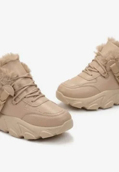 Ciemnobeżowe Sneakersy Przed Kostkę na Płaskiej Grubej Podeszwie z Ociepleniem ze Sztucznego Futerka Borrolla