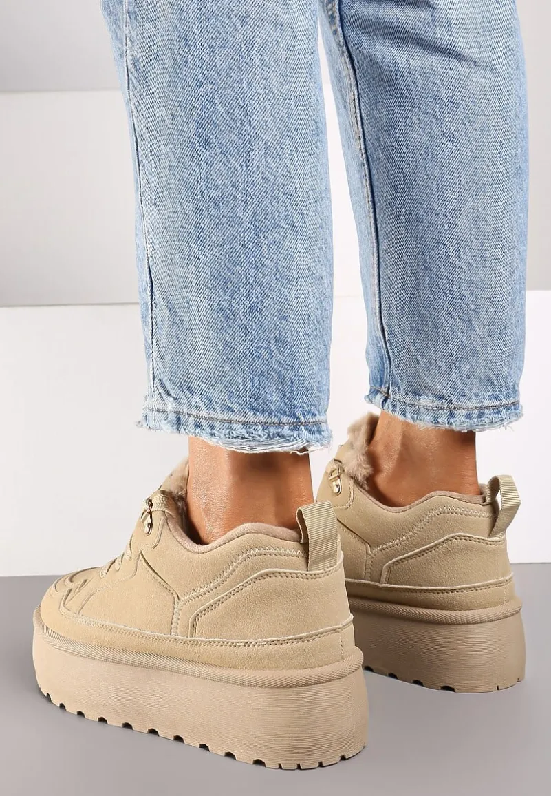 Ciemnobeżowe Sneakersy Stylizowane na Śniegowce Ozdobione Futerkiem Maviena