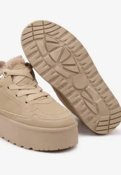 Ciemnobeżowe Sneakersy Stylizowane na Śniegowce Ozdobione Futerkiem Maviena