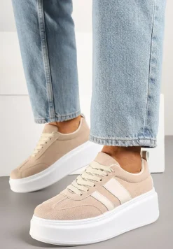 Ciemnobeżowe Sneakersy Typu Kultowe Tenisówki na Platformie Redoreve