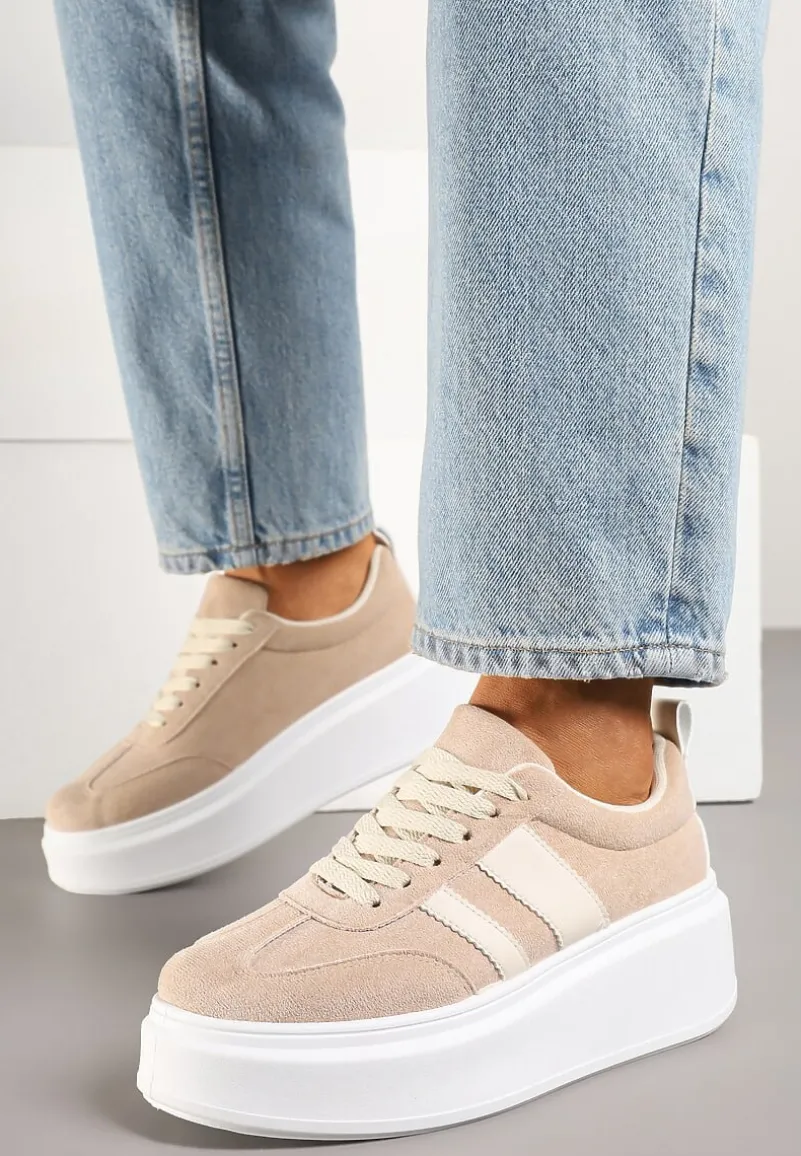Ciemnobeżowe Sneakersy Typu Kultowe Tenisówki na Platformie Redoreve