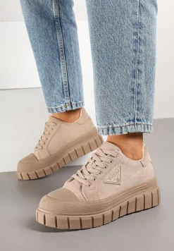 Ciemnobeżowe Sneakersy Vices na Platformie z Ozdobą i Napisem Leawen