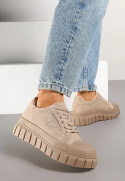Ciemnobeżowe Sneakersy Vices na Platformie z Ozdobą i Napisem Leawen