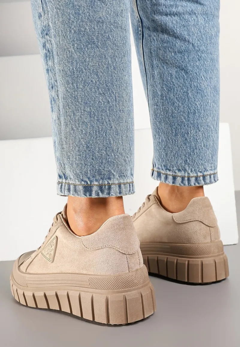 Ciemnobeżowe Sneakersy Vices na Platformie z Ozdobą i Napisem Leawen