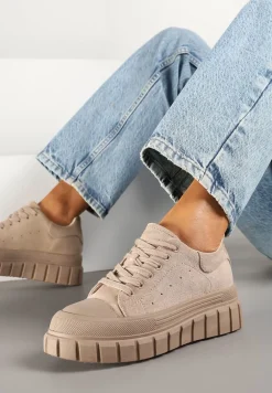 Ciemnobeżowe Sneakersy Vices na Platformie z Tłoczeniem Ozdobione Perforacją Leaniael