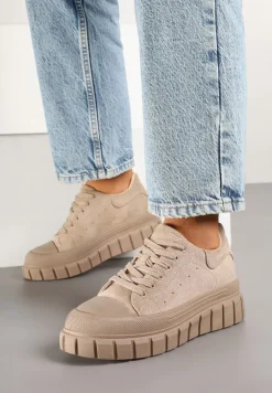 Ciemnobeżowe Sneakersy Vices na Platformie z Tłoczeniem Ozdobione Perforacją Leaniael