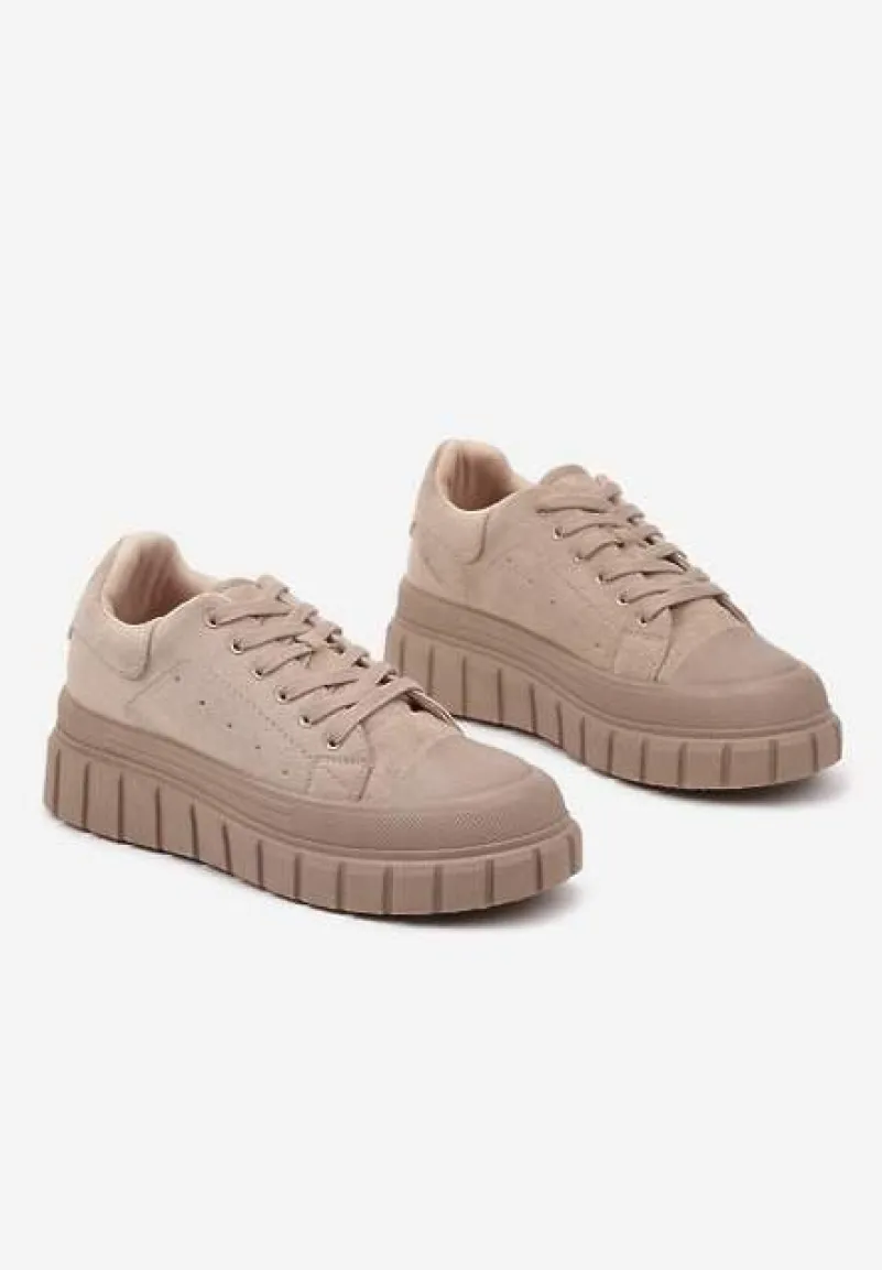 Ciemnobeżowe Sneakersy Vices na Platformie z Tłoczeniem Ozdobione Perforacją Leaniael