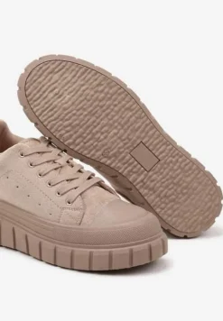 Ciemnobeżowe Sneakersy Vices na Platformie z Tłoczeniem Ozdobione Perforacją Leaniael