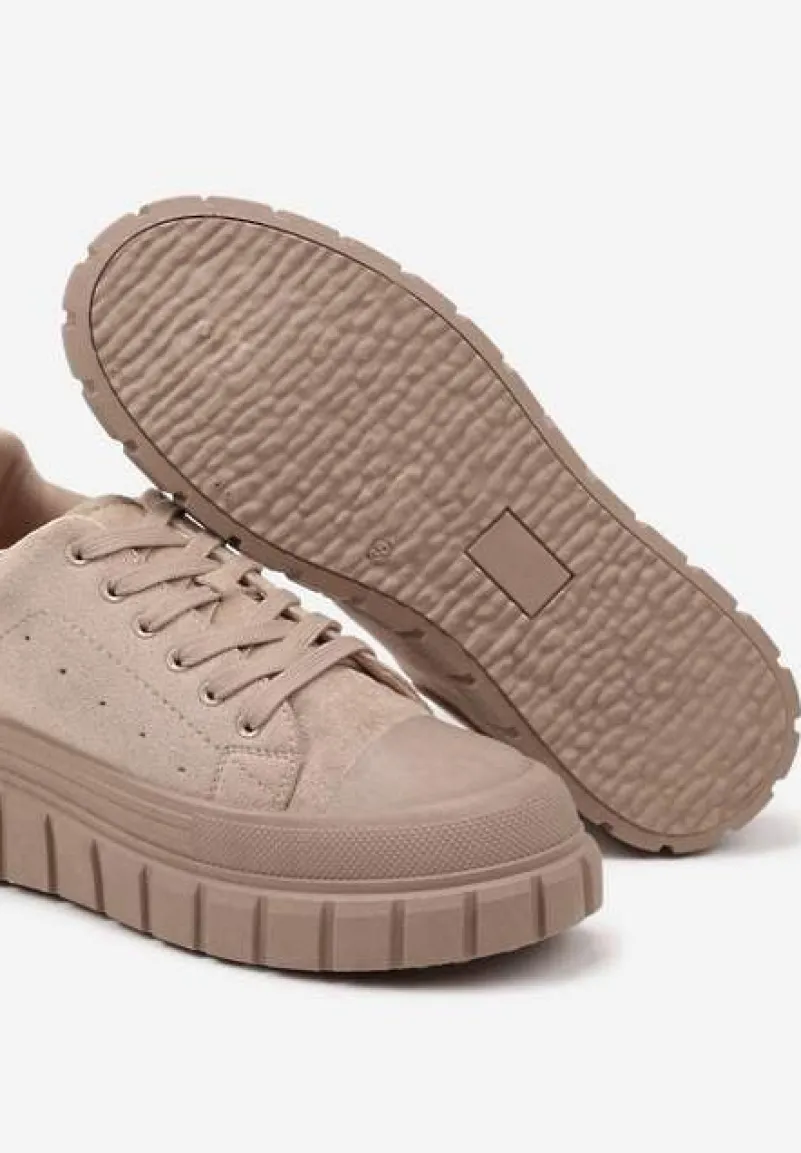 Ciemnobeżowe Sneakersy Vices na Platformie z Tłoczeniem Ozdobione Perforacją Leaniael