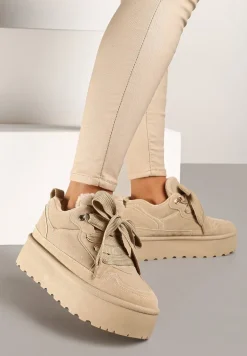 Ciemnobeżowe Sneakersy Vices na Platformie Obszyte Futerkiem Naleris
