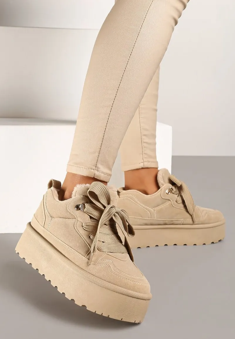 Ciemnobeżowe Sneakersy Vices na Platformie Obszyte Futerkiem Naleris
