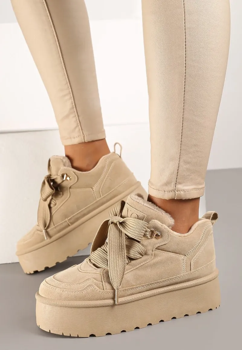 Ciemnobeżowe Sneakersy Vices na Platformie Obszyte Futerkiem Naleris