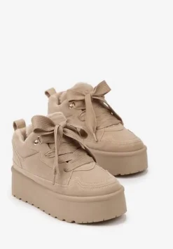 Ciemnobeżowe Sneakersy Vices na Platformie Obszyte Futerkiem Naleris
