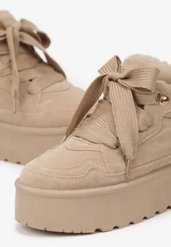 Ciemnobeżowe Sneakersy Vices na Platformie Obszyte Futerkiem Naleris