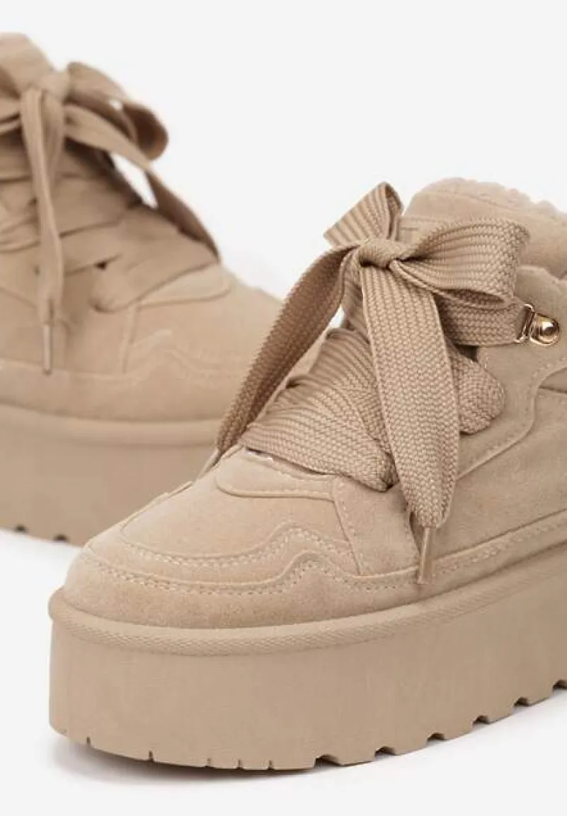 Ciemnobeżowe Sneakersy Vices na Platformie Obszyte Futerkiem Naleris