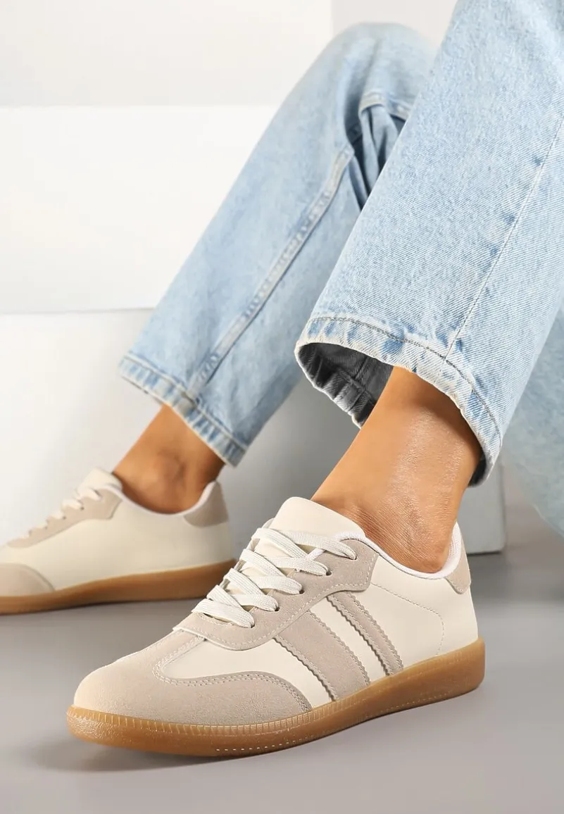 Ciemnobeżowe Sneakersy w Stylu Tenisówek z Paskami Danareth