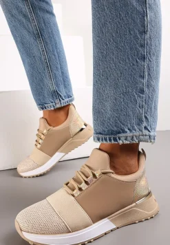 Ciemnobeżowe Sneakersy z Elastyczną Cholewką przed Kostkę i Brokatem Dalapa