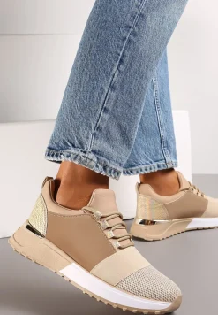 Ciemnobeżowe Sneakersy z Elastyczną Cholewką przed Kostkę i Brokatem Dalapa