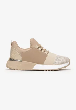 Ciemnobeżowe Sneakersy z Elastyczną Cholewką przed Kostkę i Brokatem Dalapa