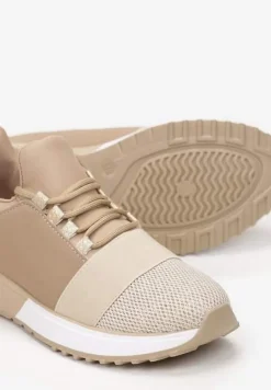 Ciemnobeżowe Sneakersy z Elastyczną Cholewką przed Kostkę i Brokatem Dalapa