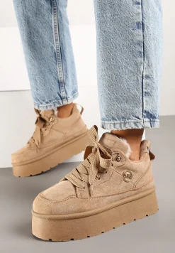 Ciemnobeżowe Sneakersy z Ekozamszu na Grubej Podeszwie Wyściełane Futerkiem Senavel