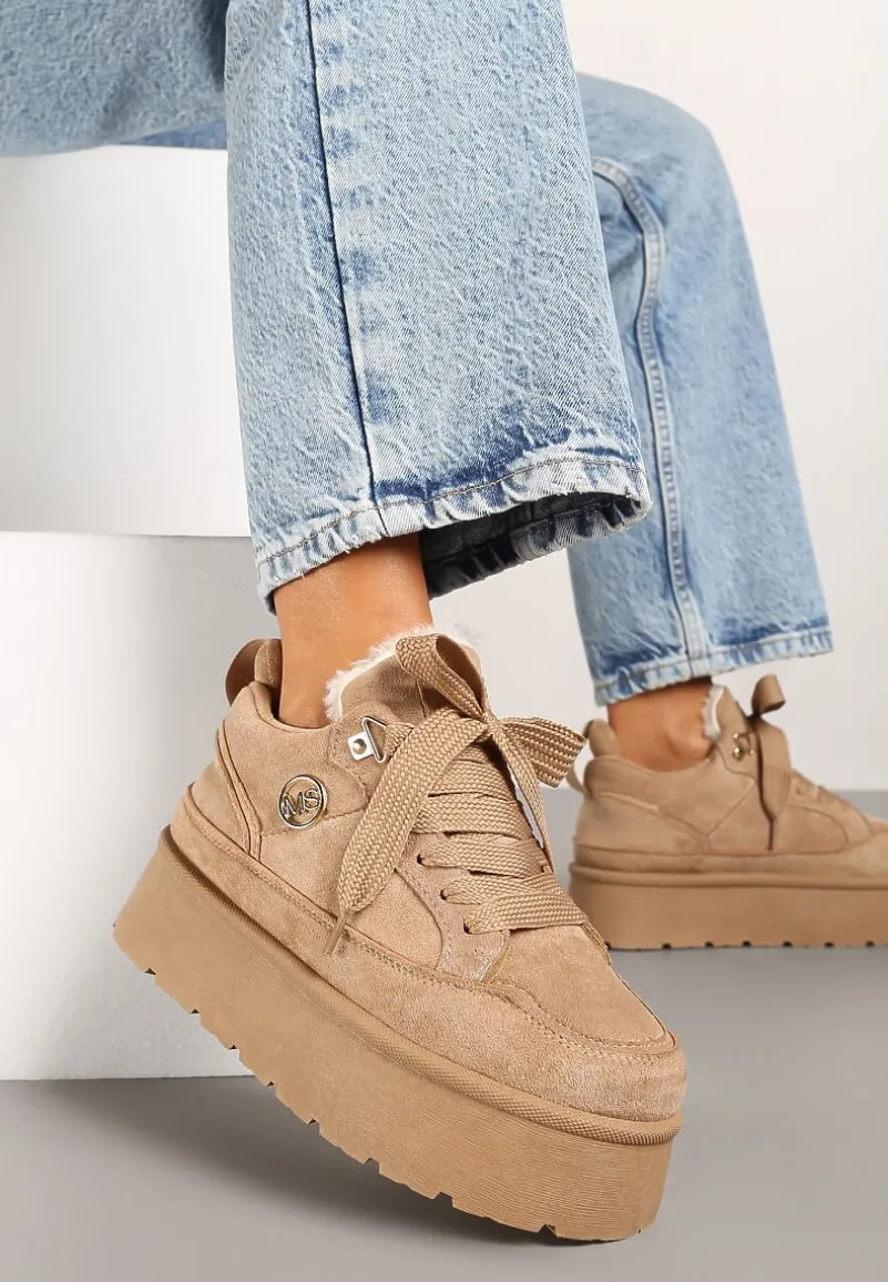 Ciemnobeżowe Sneakersy z Ekozamszu na Grubej Podeszwie Wyściełane Futerkiem Senavel
