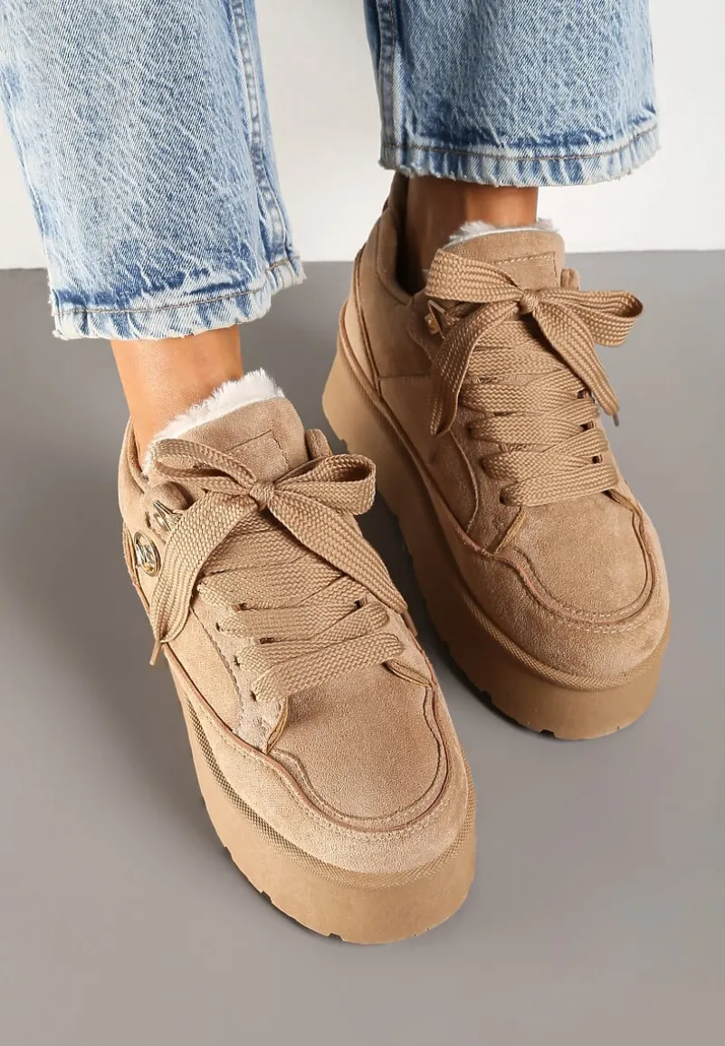 Ciemnobeżowe Sneakersy z Ekozamszu na Grubej Podeszwie Wyściełane Futerkiem Senavel