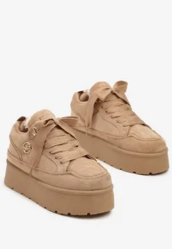 Ciemnobeżowe Sneakersy z Ekozamszu na Grubej Podeszwie Wyściełane Futerkiem Senavel
