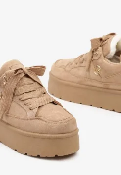 Ciemnobeżowe Sneakersy z Ekozamszu na Grubej Podeszwie Wyściełane Futerkiem Senavel