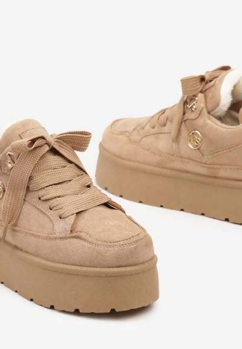 Ciemnobeżowe Sneakersy z Ekozamszu na Grubej Podeszwie Wyściełane Futerkiem Senavel