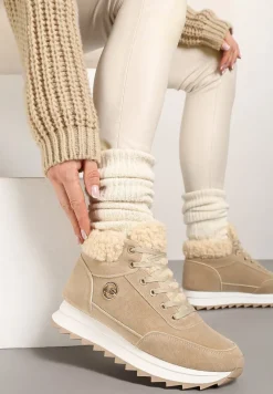 Ciemnobeżowe Sneakersy z Ekozamszu z Futrzaną Wyściółką Etaylla