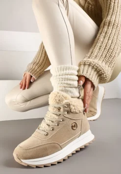 Ciemnobeżowe Sneakersy z Ekozamszu z Futrzaną Wyściółką Etaylla