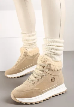 Ciemnobeżowe Sneakersy z Ekozamszu z Futrzaną Wyściółką Etaylla