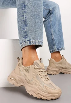 Ciemnobeżowe Sneakersy z Grubą Podeszwą ze Sznurowaniem i Siateczkowymi Wstawkami Lenivia