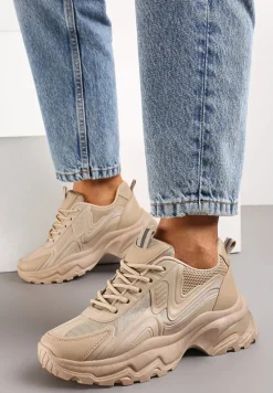 Ciemnobeżowe Sneakersy z Grubą Podeszwą ze Sznurowaniem i Siateczkowymi Wstawkami Lenivia