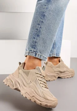 Ciemnobeżowe Sneakersy z Grubą Podeszwą ze Sznurowaniem i Siateczkowymi Wstawkami Lenivia