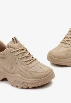 Ciemnobeżowe Sneakersy z Grubą Podeszwą ze Sznurowaniem i Siateczkowymi Wstawkami Lenivia