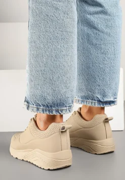 Ciemnobeżowe Sneakersy z Tłoczoną Cholewką Ulithrena