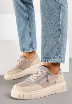 Ciemnobeżowe Sneakersy ze Skóry Naturalnej z Ozdobnym Suwakiem Tilliraya