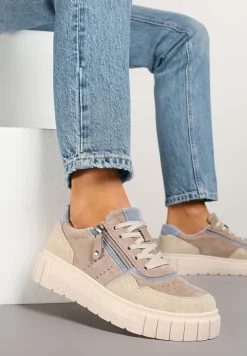 Ciemnobeżowe Sneakersy ze Skóry Naturalnej z Ozdobnym Suwakiem Tilliraya