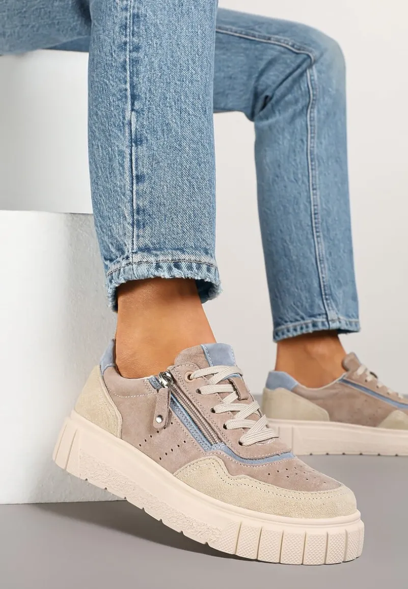 Ciemnobeżowe Sneakersy ze Skóry Naturalnej z Ozdobnym Suwakiem Tilliraya